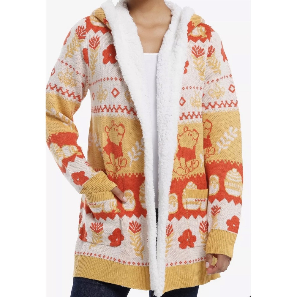 Disney Winnie Pooh Cardigan M Sherpa Lined Fair Isle Cozy Fall Sweater Jacket